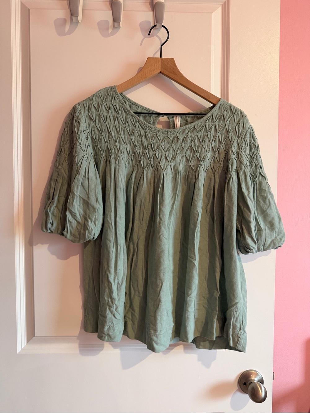 Anthropologie Sage Green Smocked Puff-Sleeve Blouse